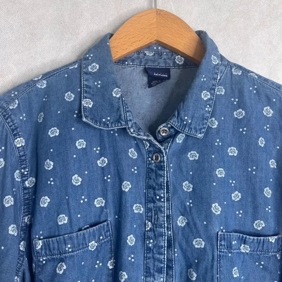 Basic Editions Blue Chambray Floral Long Sleeve Button Up Cotton Blend Top‎ Sz L - Picture 3 of 9